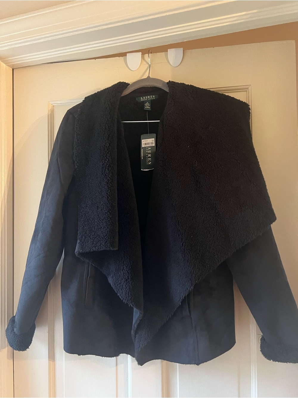 Lauren Ralph Lauren Black Faux-Shearling Draped Open-Front Jacket